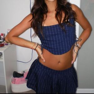 Navy blue pinstripe top and skort set